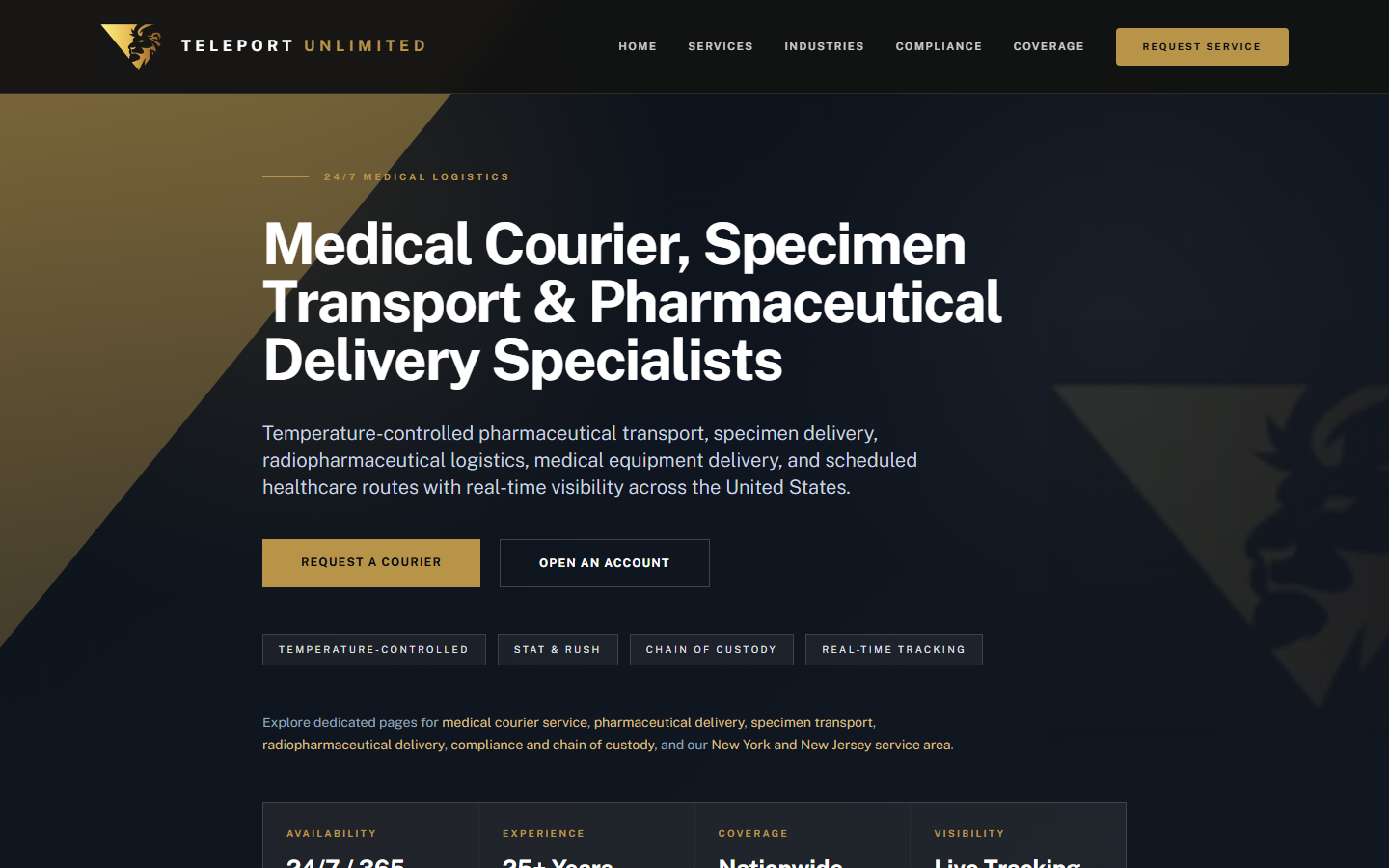 Public Teleport Unlimited service page showing the implemented medical courier content structure